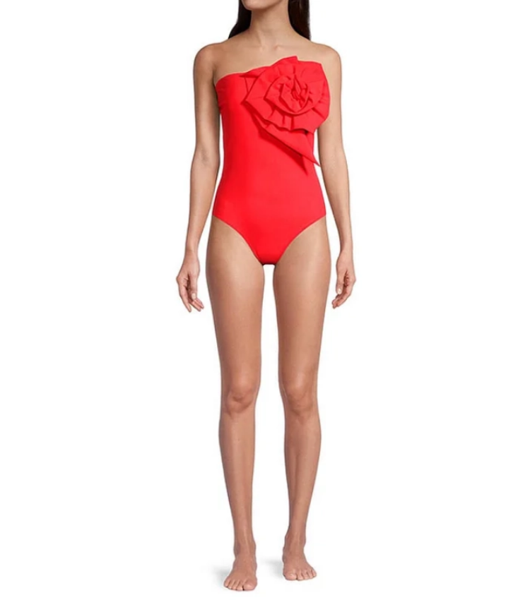 3D Flower Removable Strap Red One Piece Swimsuit and Sarong Flaxmaker