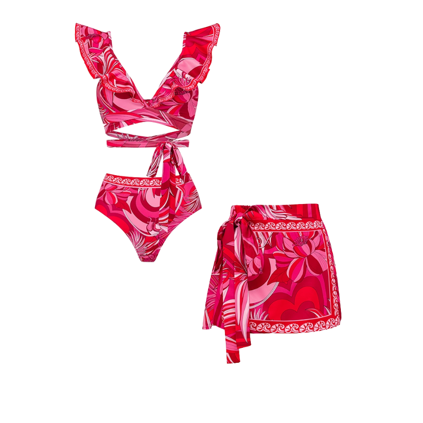 Ruffle V Neck Tie Bow Printed Strappy Bikini Swimsuit and  Sarong or Shorts