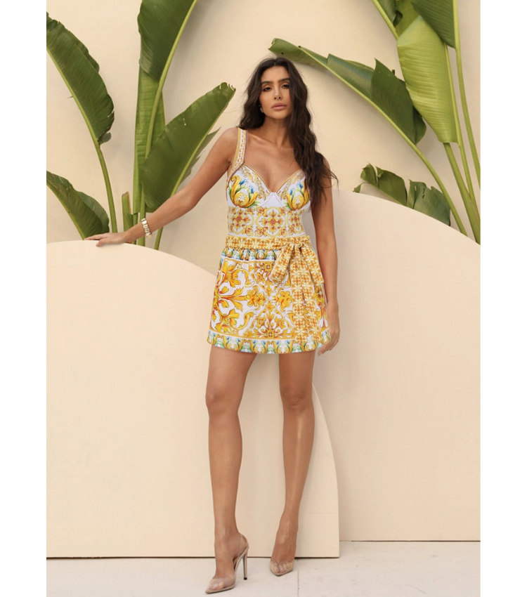 Sling Chest Support Golden Majolica Print One Piece Swimsuit and Sarong or Shorts