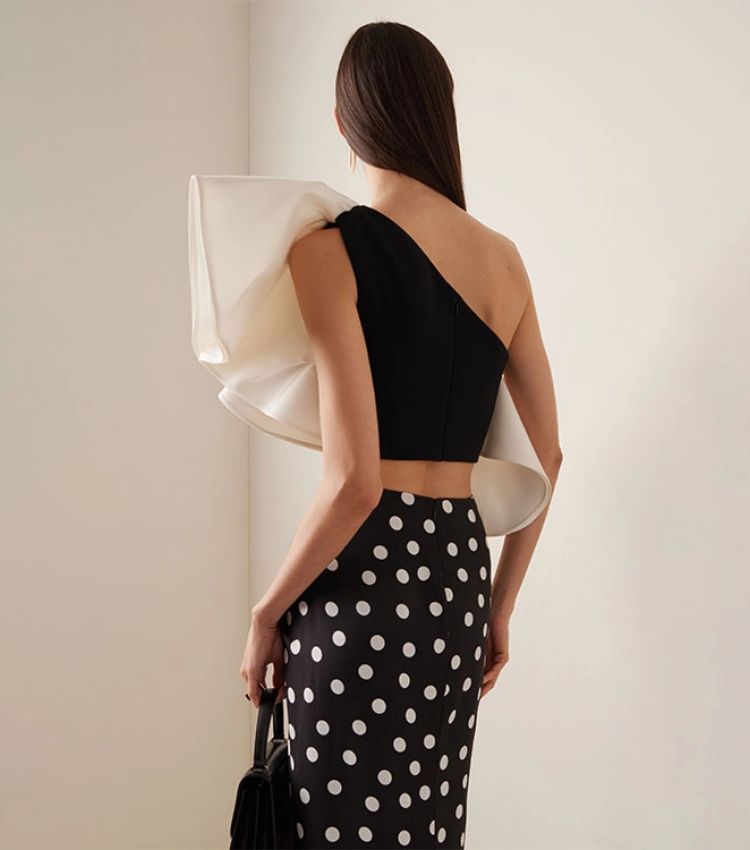 One Shoulder Ruffle Polka Dot Printed Bikini Swimsuit and Sarong Flaxmaker