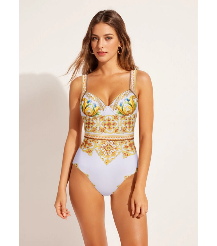 Sling Chest Support Golden Majolica Print One Piece Swimsuit and Sarong or Shorts