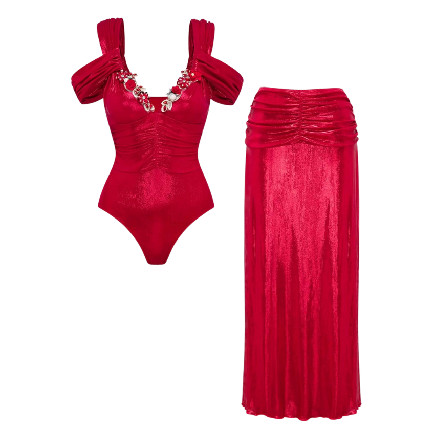Red Shiny Embroidery Decoration One Piece Swimsuit and Skirt