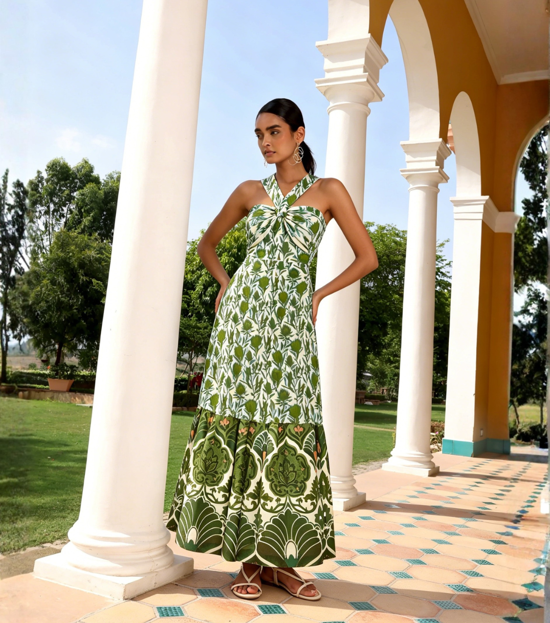 Green Block Print Halter Maxi Dress