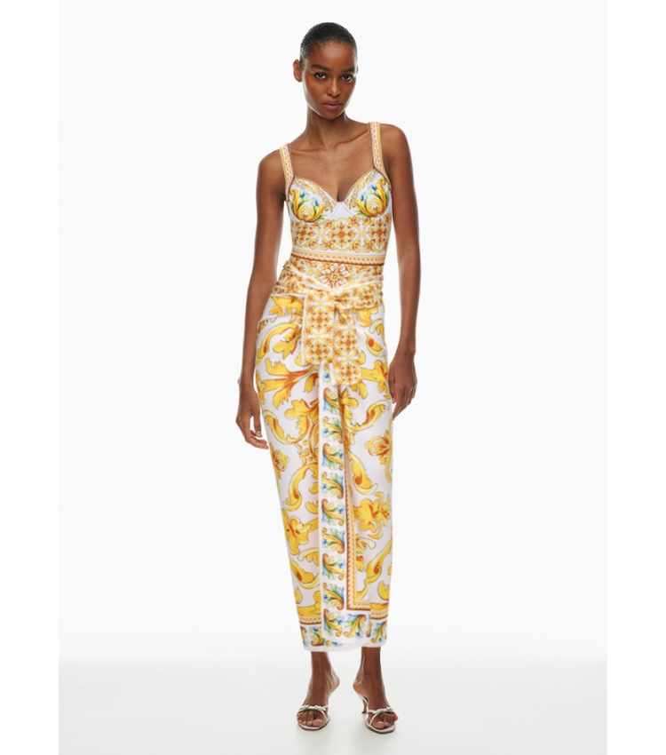 Sling Chest Support Golden Majolica Print One Piece Swimsuit and Sarong or Shorts