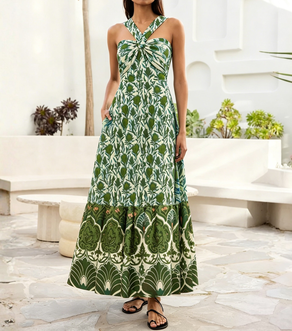 Green Block Print Halter Maxi Dress