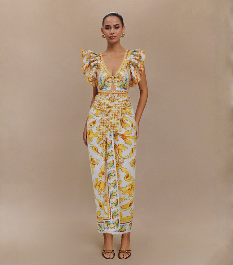 Ruffle V Neck  Golden Majolica Print One Piece Swimsuit and Scooter skirt