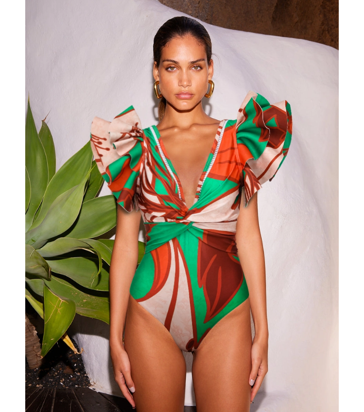 V Neck Ruffle Pattern Print One Piece Swimsuit and Sarong