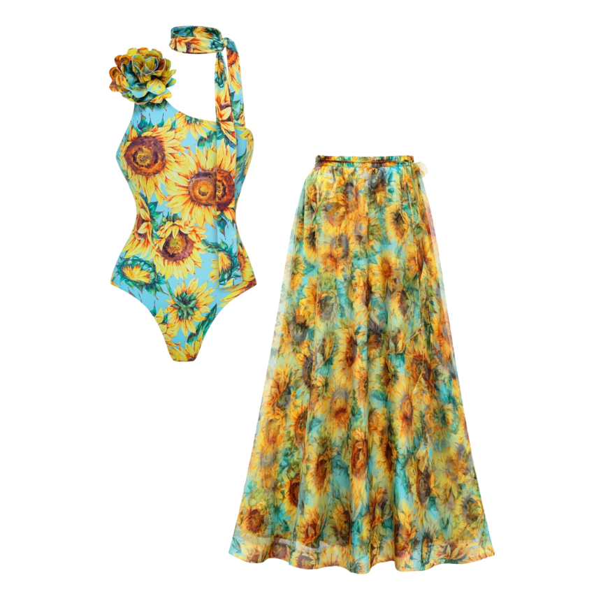 3D Sunflower Print One Shoulder One Piece Swimsuit and Skirt
