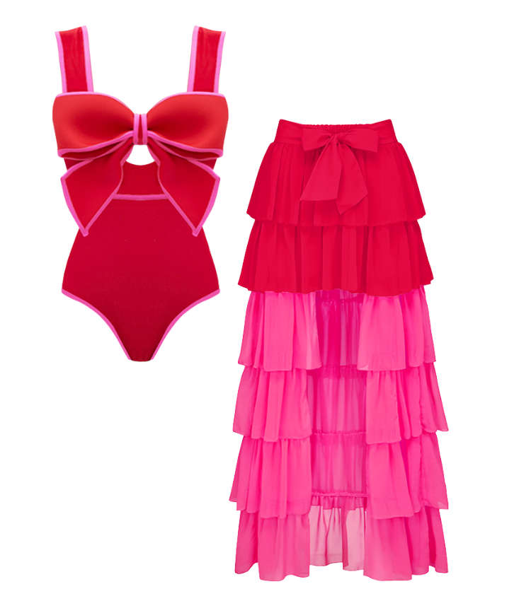 Bow Front Cut Out Color Block One Piece Swimsuit and Skirt Flaxmaker