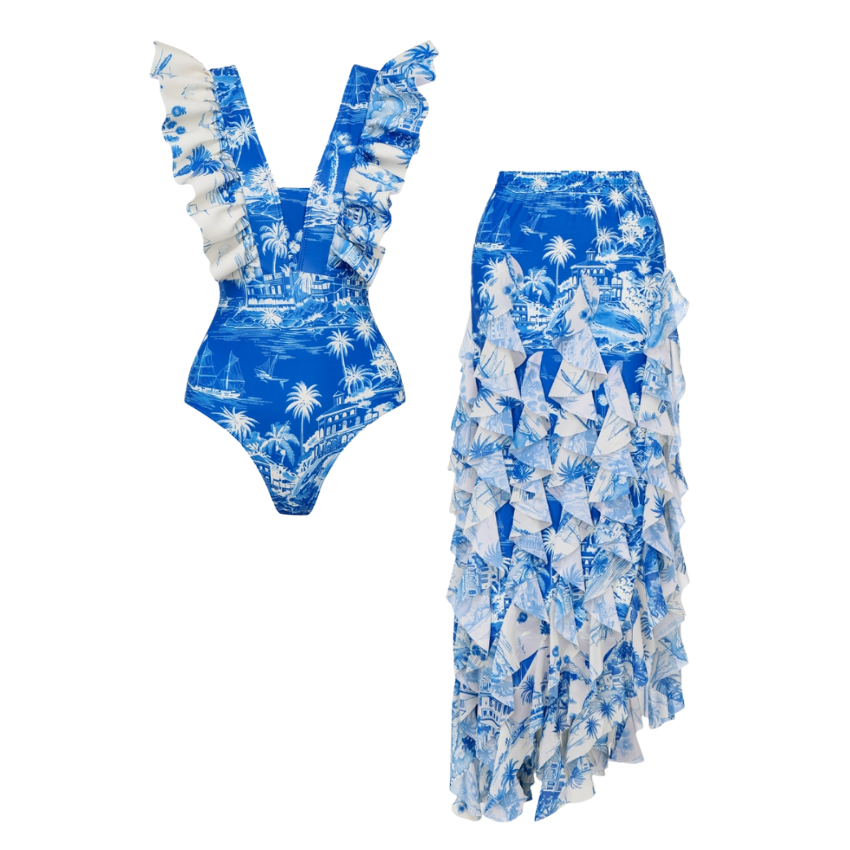 Ruffled Blue and White Bay Print One Piece Swimsuit and Skirt