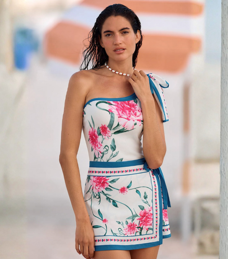 One-Shoulder Blush Pink & Teal Floral Print Swimsuit Set(s)