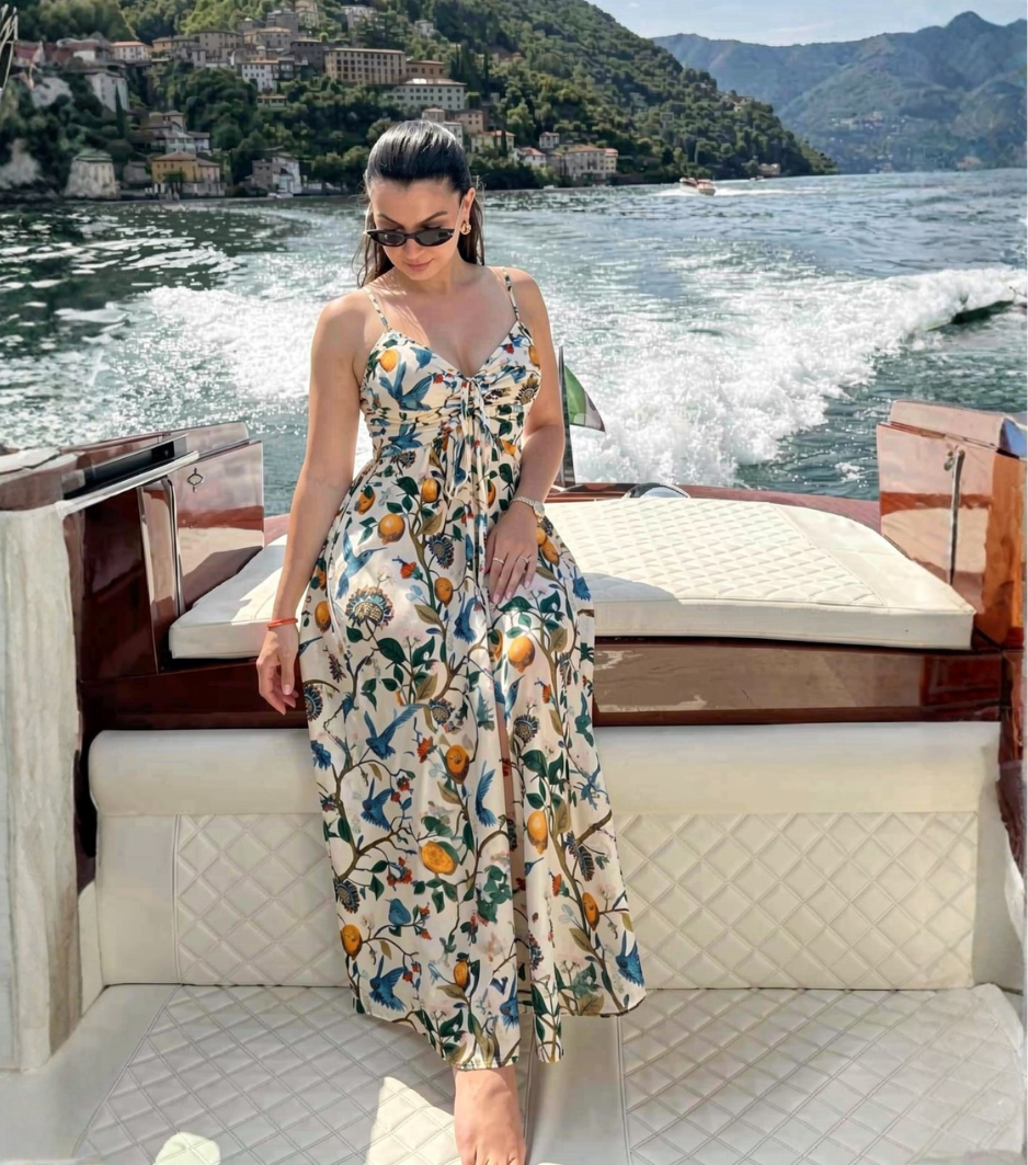 Citrus Bird Print Twist Front Slip Maxi Dress