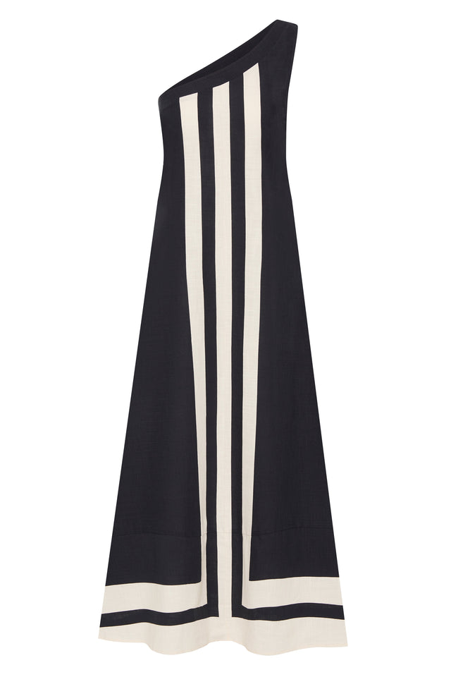 One Shoulder Color Block Striped Maxi Dress