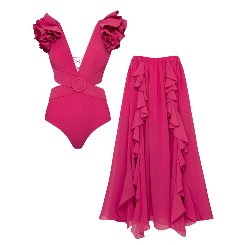 Deep V Cut Out One Piece Swimsuit and Skirt Flaxmaker