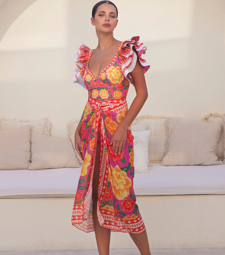 Ruffled Contrast Print One Piece Swimsuit and Sarong Flaxmaker