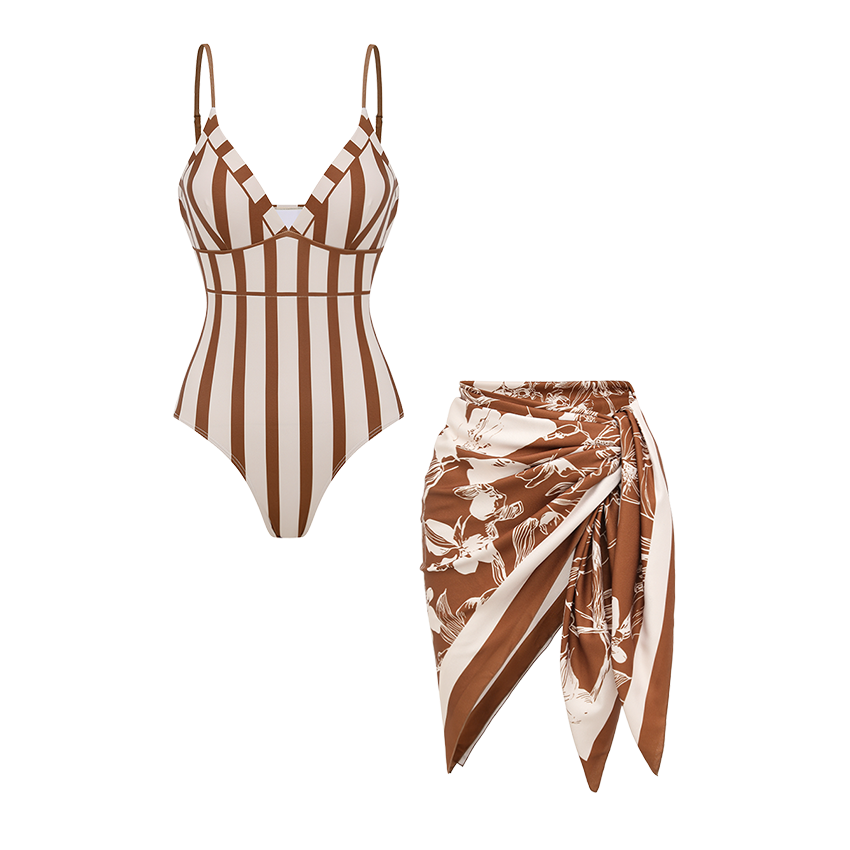 V-neck Brown stripes Print Swimsuit Set(s)