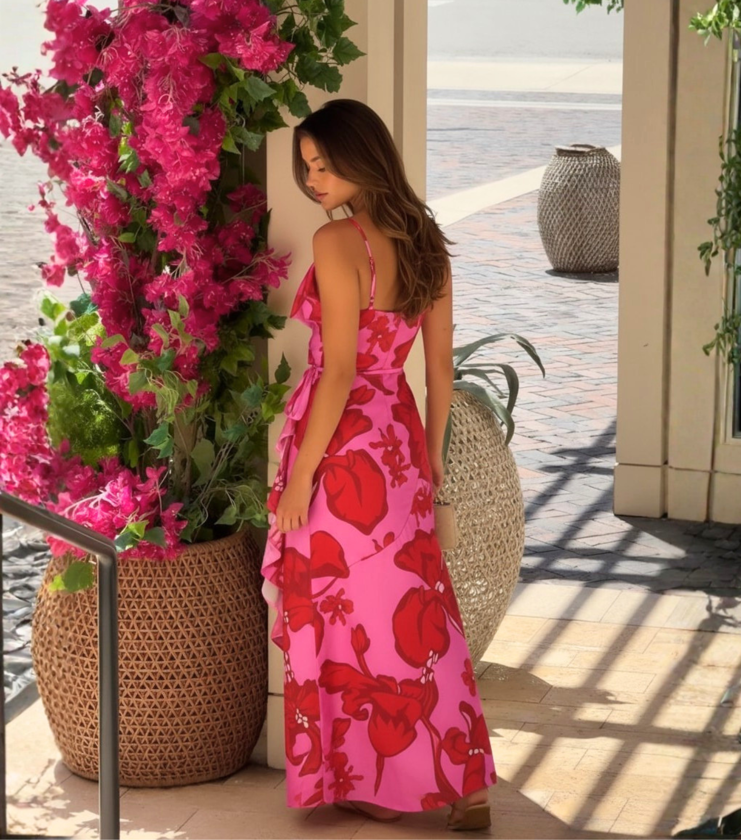 Pink Floral Ruffle Wrap Maxi Dress