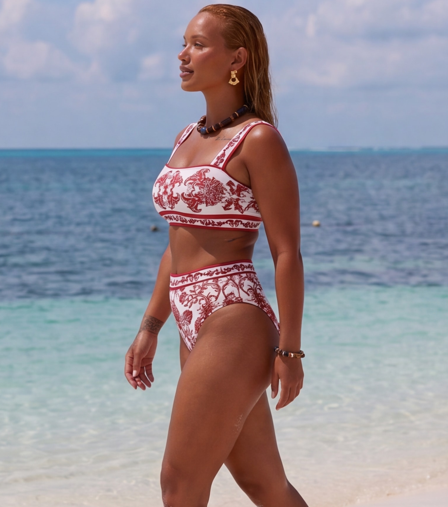 Plus Size Red Flower Totem Pattern Print Bikini and Skirt