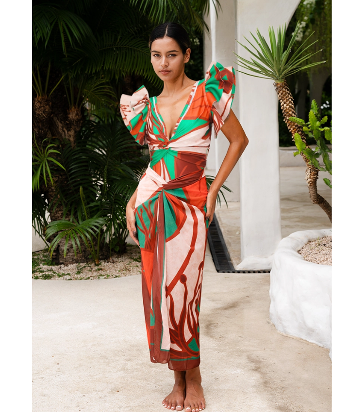 V Neck Ruffle Pattern Print One Piece Swimsuit and Sarong