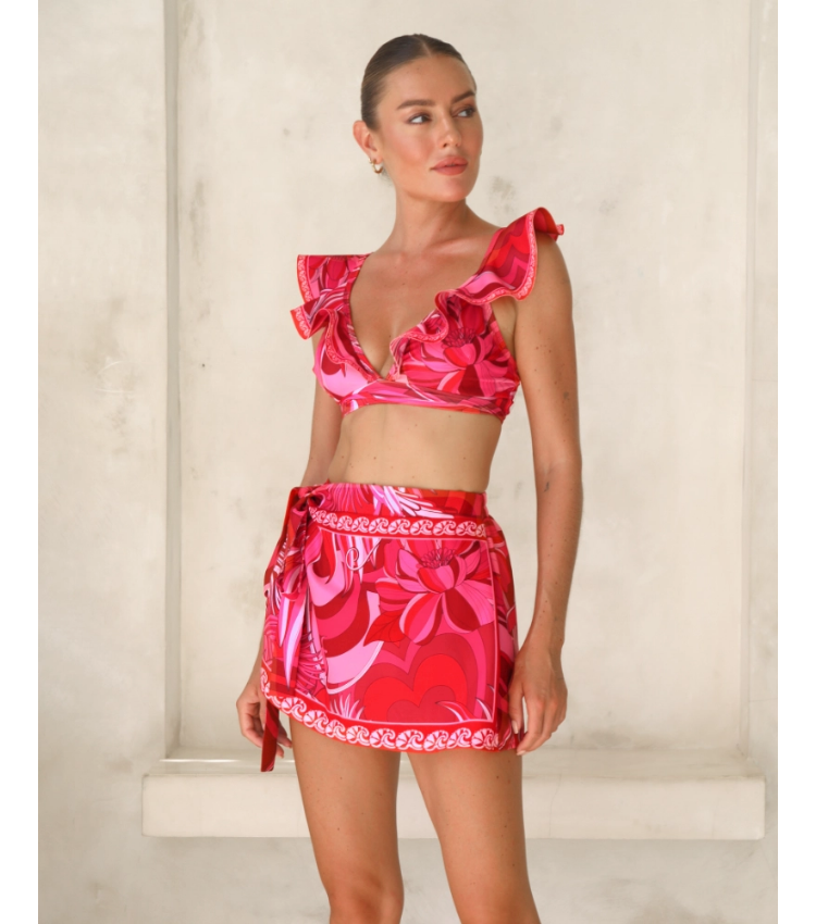 Ruffle V Neck Tie Bow Printed Strappy Bikini Swimsuit and  Sarong or Shorts