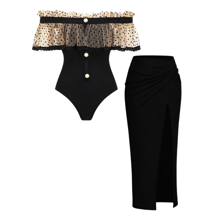 Off Shoulder Ruffle Dot Printed One Piece Swimsuit and Skirt Flaxmaker