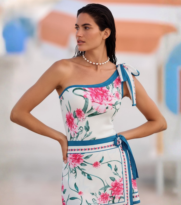 One-Shoulder Blush Pink & Teal Floral Print Swimsuit Set(s)