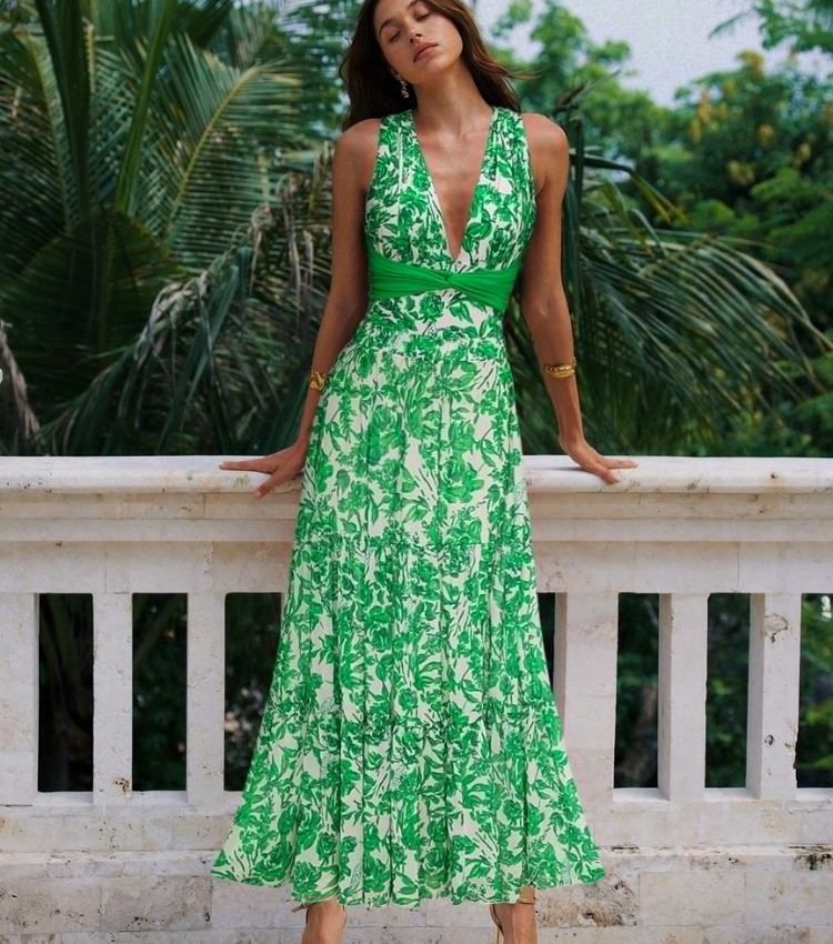 V Neck Printed One Piece Swimsuit and Skirt