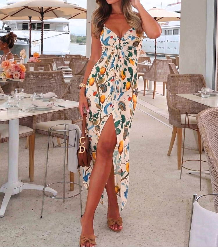 Citrus Bird Print Twist Front Slip Maxi Dress