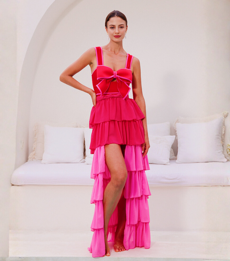 Bow Front Cut Out Color Block One Piece Swimsuit and Skirt Flaxmaker