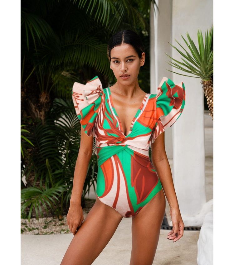 V Neck Ruffle Pattern Print One Piece Swimsuit and Sarong