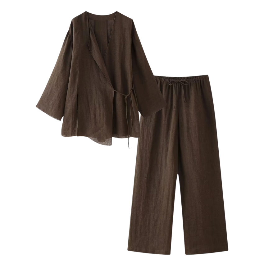 Lace Up Cotton and Linen Top and Pants Set
