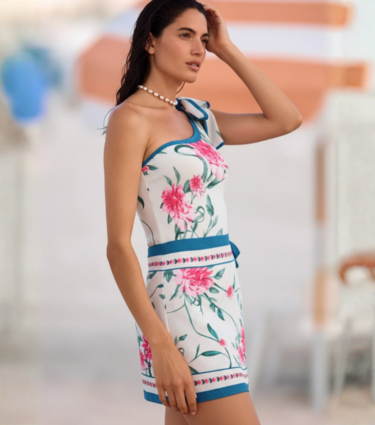 One-Shoulder Blush Pink & Teal Floral Print Swimsuit Set(s)