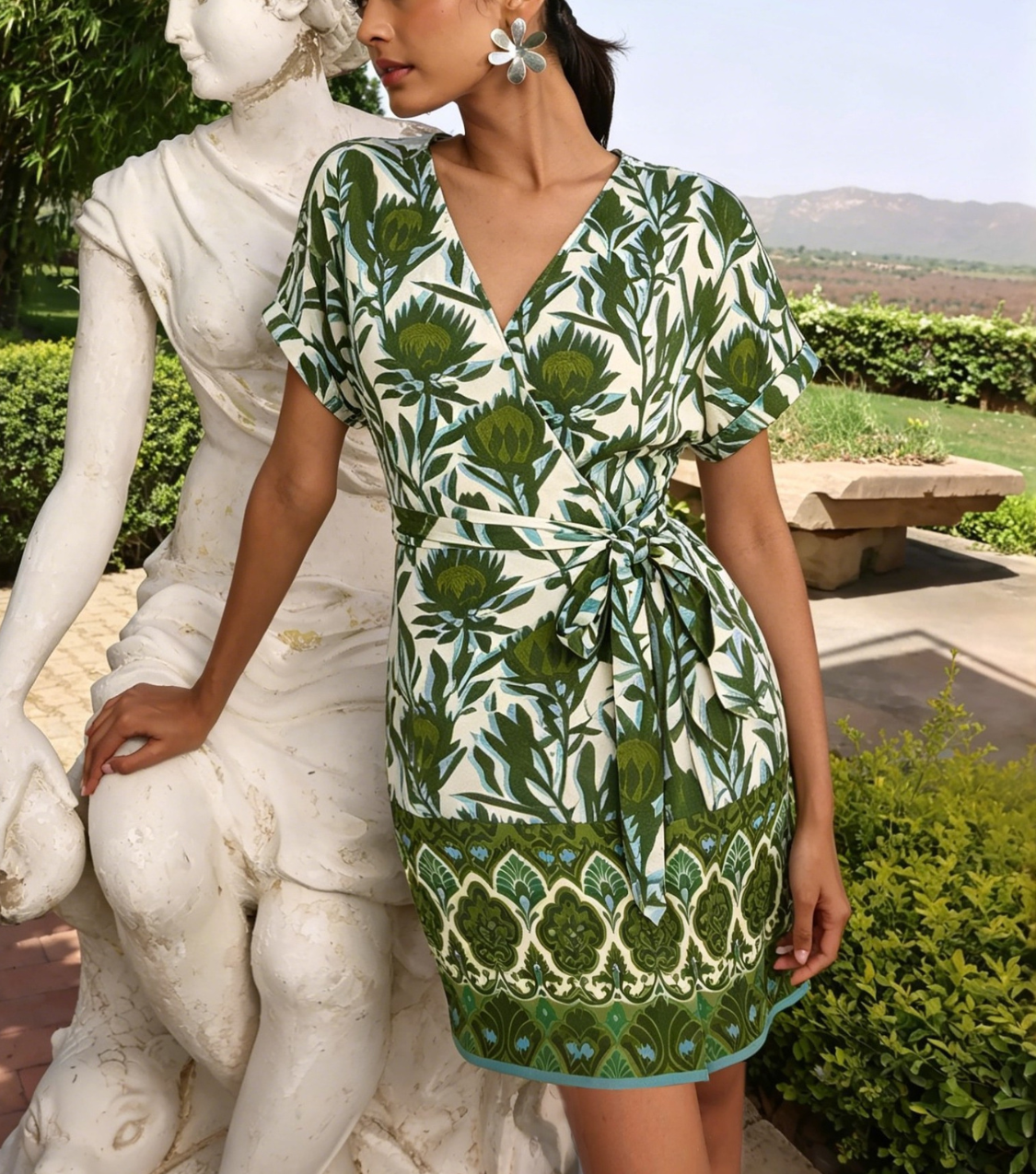 Green Block Print Wrap Mini Dress