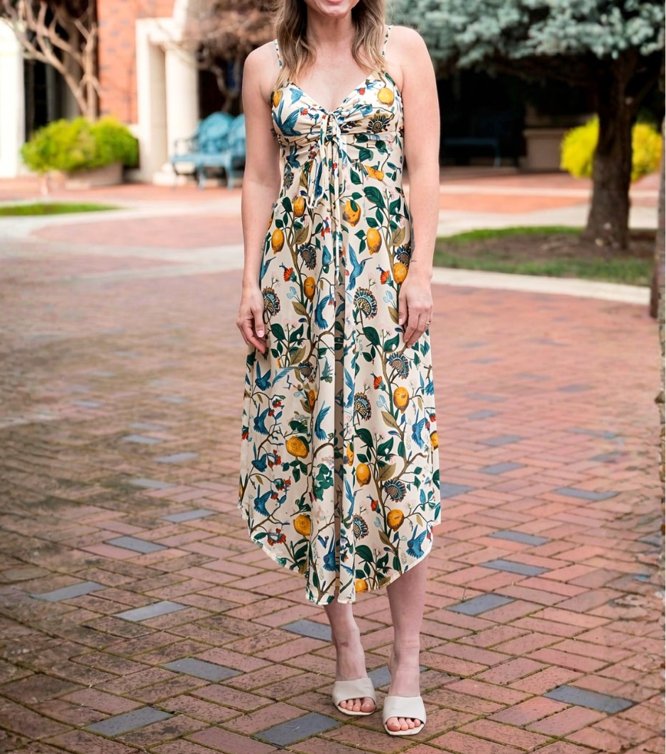 Citrus Bird Print Twist Front Slip Maxi Dress