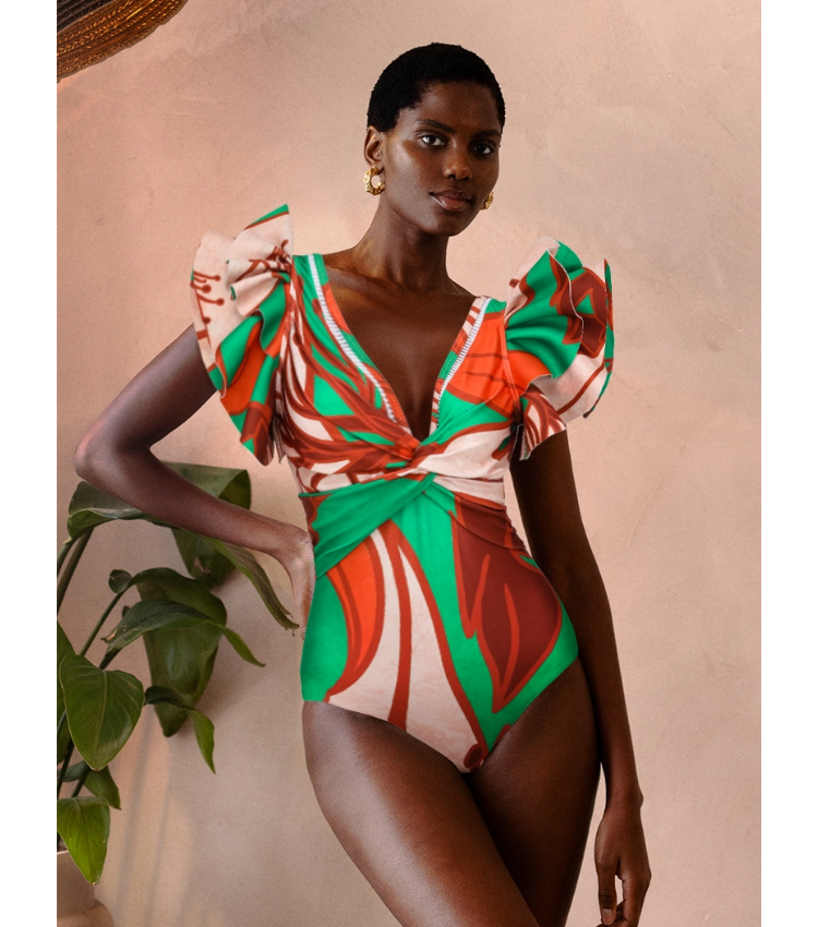 V Neck Ruffle Pattern Print One Piece Swimsuit and Sarong