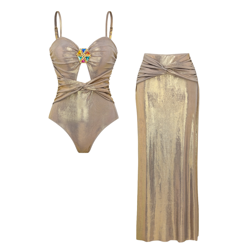 Stone Decoration Shiny One Piece Swimsuit and Skirt