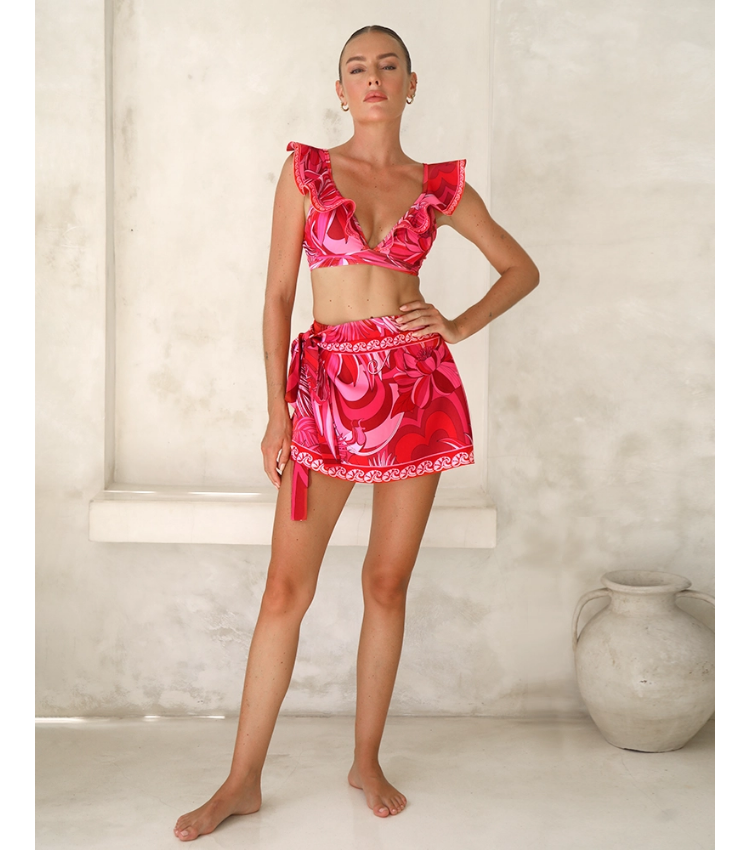 Ruffle V Neck Tie Bow Printed Strappy Bikini Swimsuit and  Sarong or Shorts