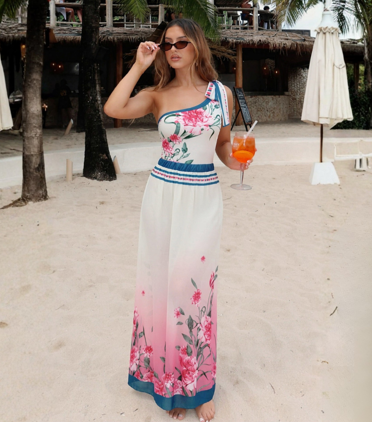 One-Shoulder Blush Pink & Teal Floral Print Swimsuit Set(s)