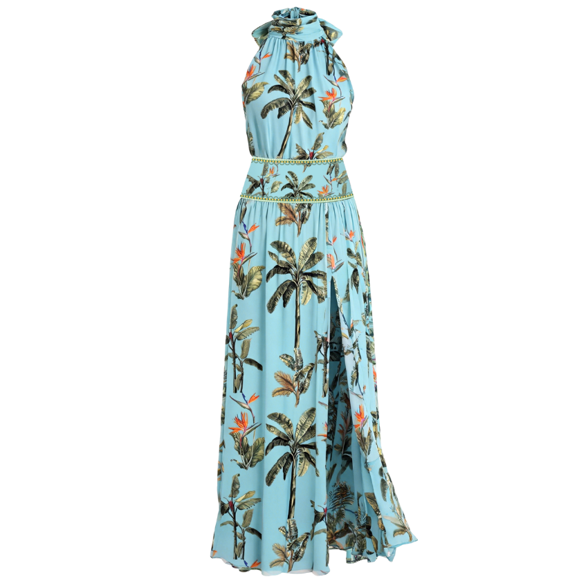 Light Blue Tropical Palm Halter Slit Maxi Dress