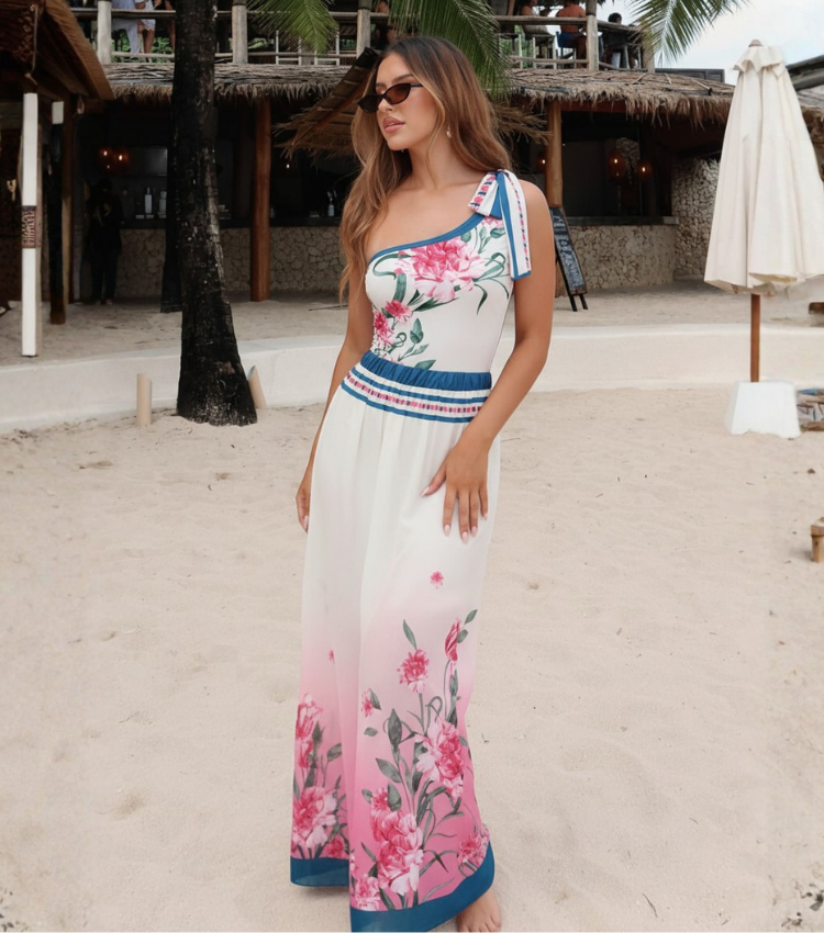 One-Shoulder Blush Pink & Teal Floral Print Swimsuit Set(s)