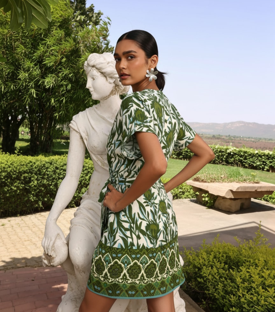 Green Block Print Wrap Mini Dress