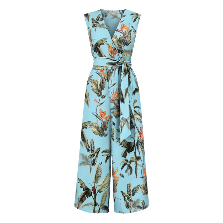 Light Blue Tropical Palm Sleeveless Wrap Jumpsuit