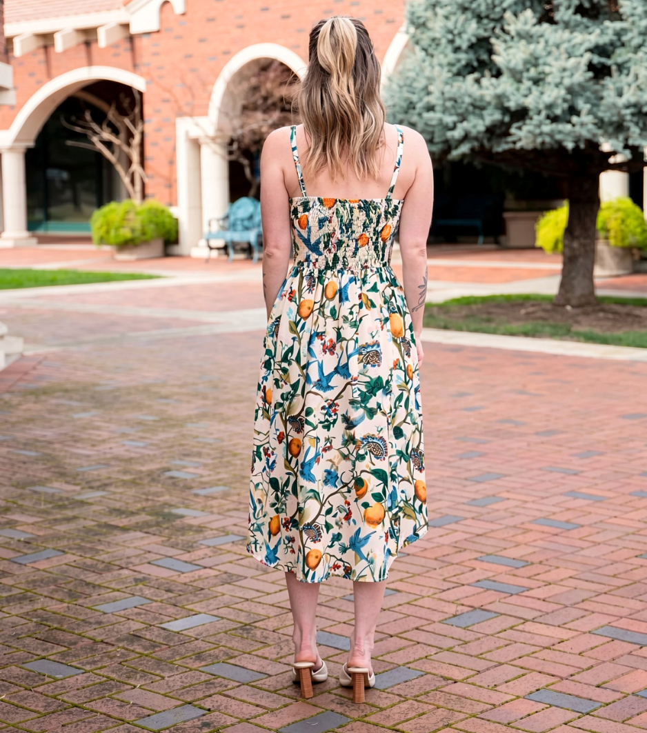 Citrus Bird Print Twist Front Slip Maxi Dress
