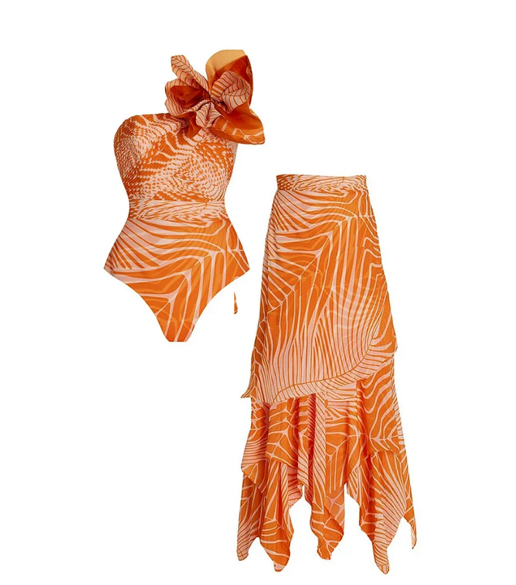 3D Flower Printed One Piece Swimsuit and Skirt Flaxmaker