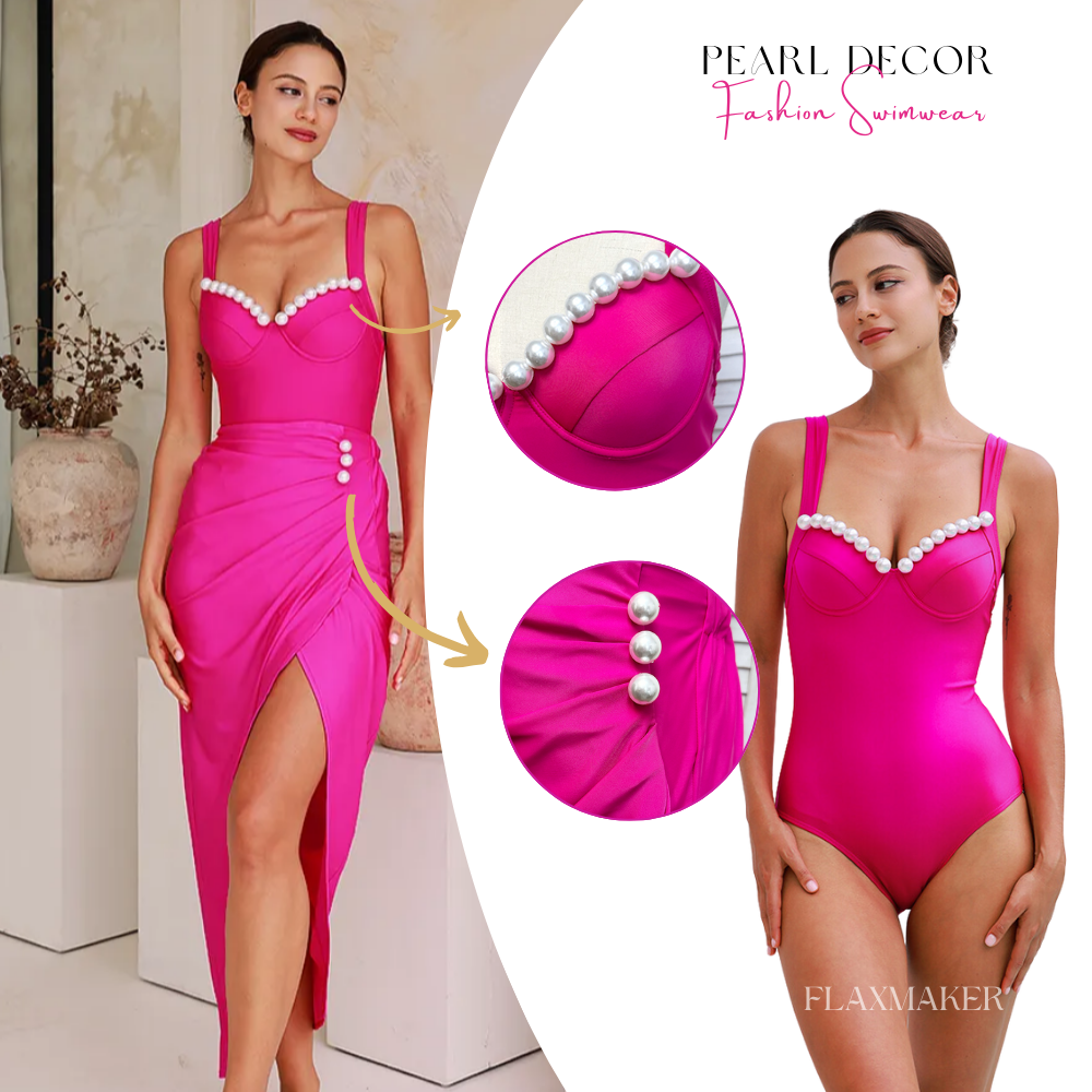 Sling Artificial Pearl Decor Pink One Piece Swimsuit and Skirt