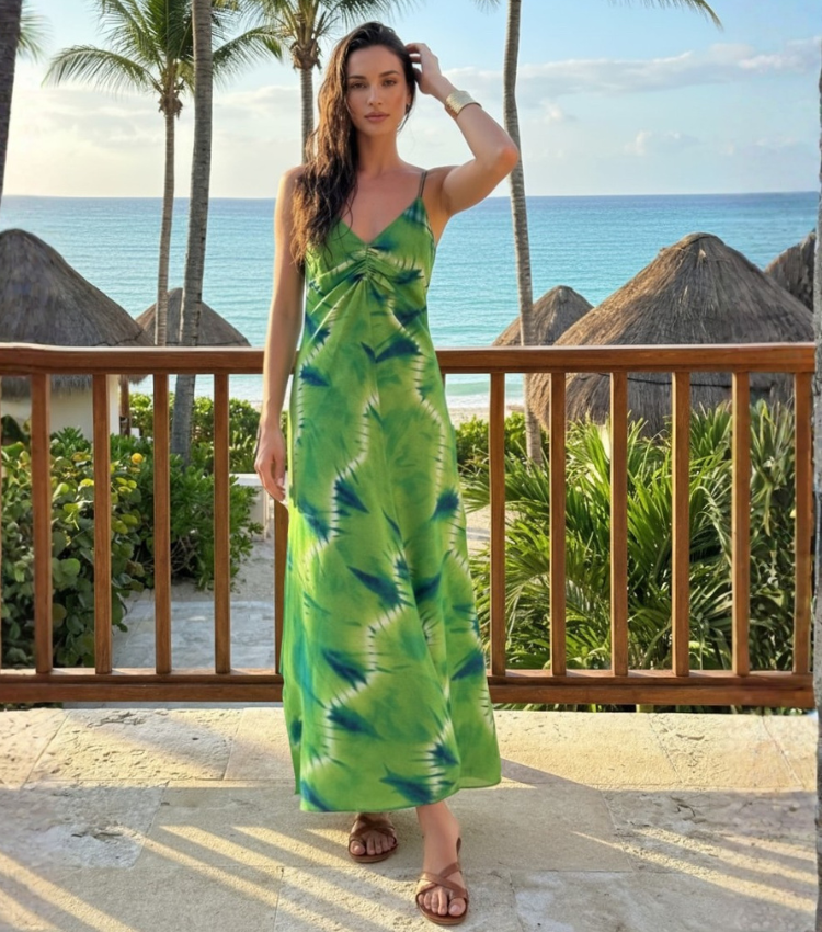 Green Tie Dye Ruched Maxi Dress