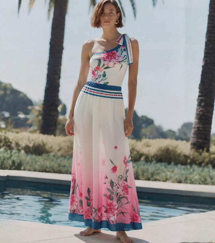 One-Shoulder Blush Pink & Teal Floral Print Swimsuit Set(s)