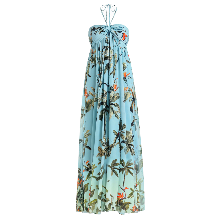 Light Blue Tropical Palm Tie Strap Maxi Dress