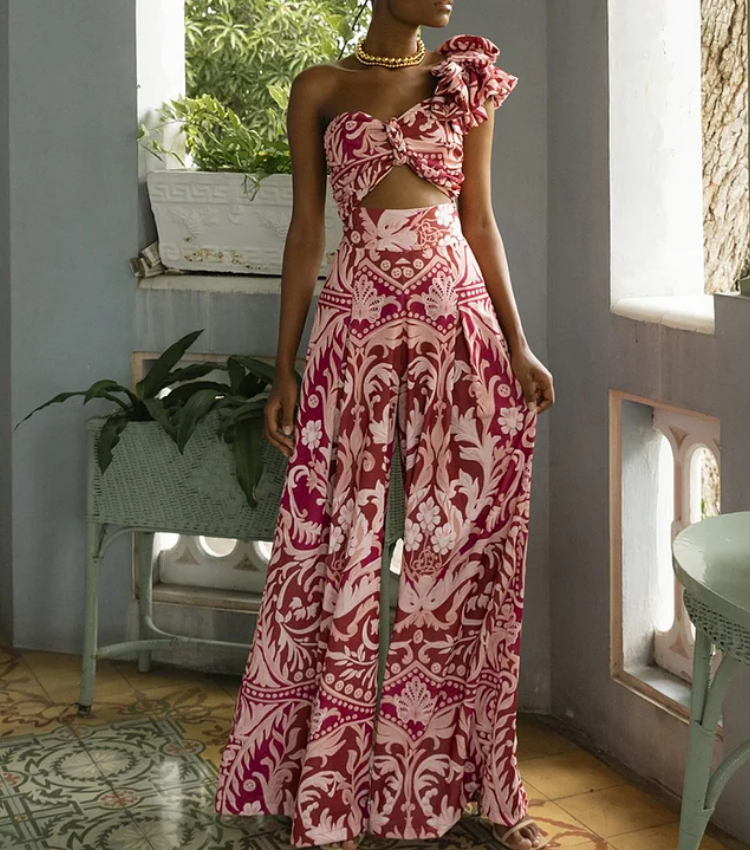 One Shoulder Ruffle Printed One Piece Swimsuit and Pant