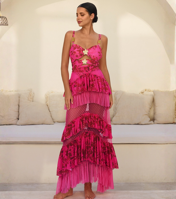 Rose Red Flower Print Cutout One Piece Swimsuit and Tiered Skirt